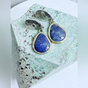 Vintage Rare Grace & Heart Brushed Sterling & Brass Lapis Drop Post Earrings